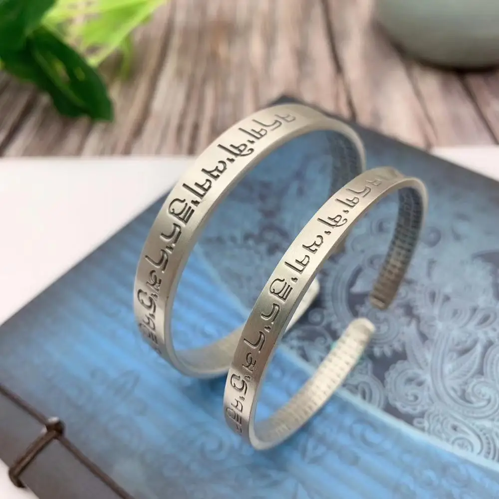 

Pure Sterling S999 Silver Bangle Women's Luck Retro Sutra Lover Bracelet 55-58mm Friend Hot Sale