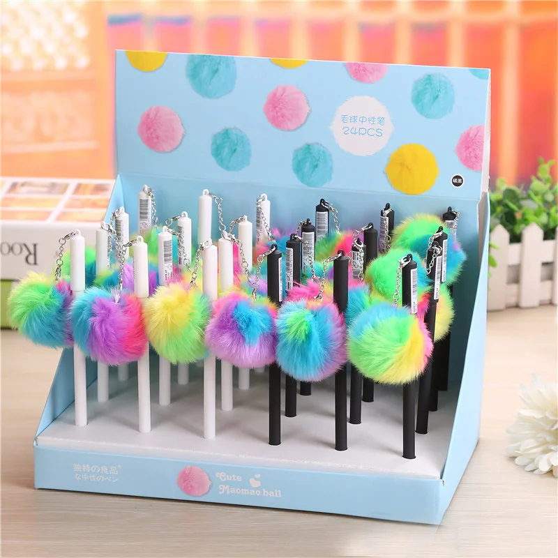

Kawaii 0.38mm Rainbow Colored Warm Ball Plush Pendant Gel Pen Neutral Pens For Kids Gift Stationery Creative Material Escolar