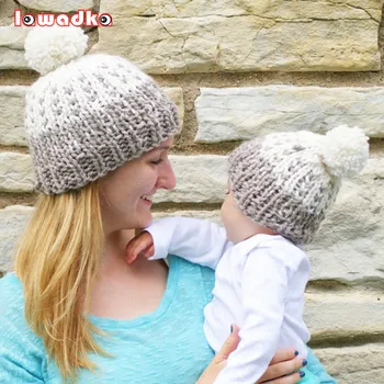 

Mommy and me Knitting Hats Caps for Girls Toddler Crochet Beanies Fur Ball Cute Baby Boys Hats 2PCS