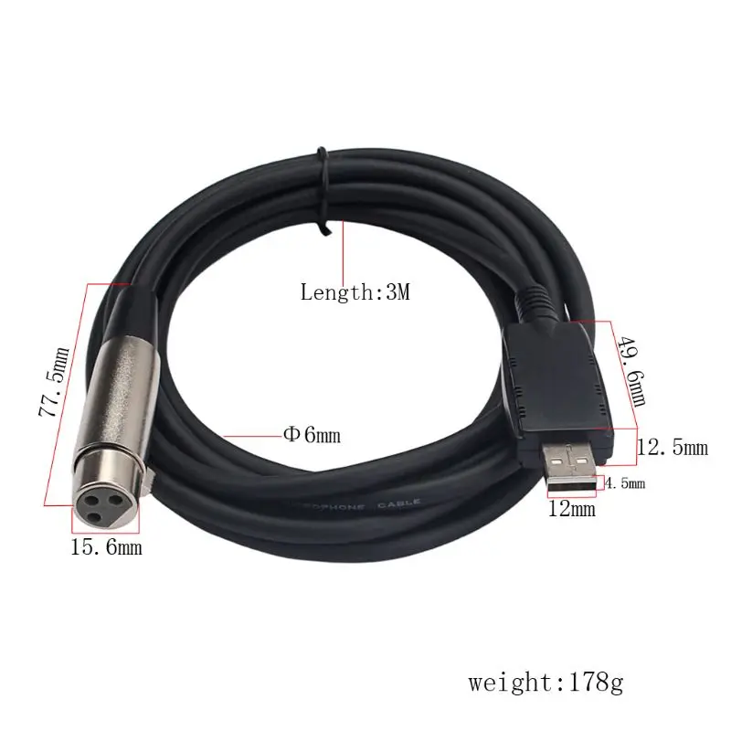 

XLR Female to USB Male 3m 9ft. Black Cable Cord Adapter Microphone Link