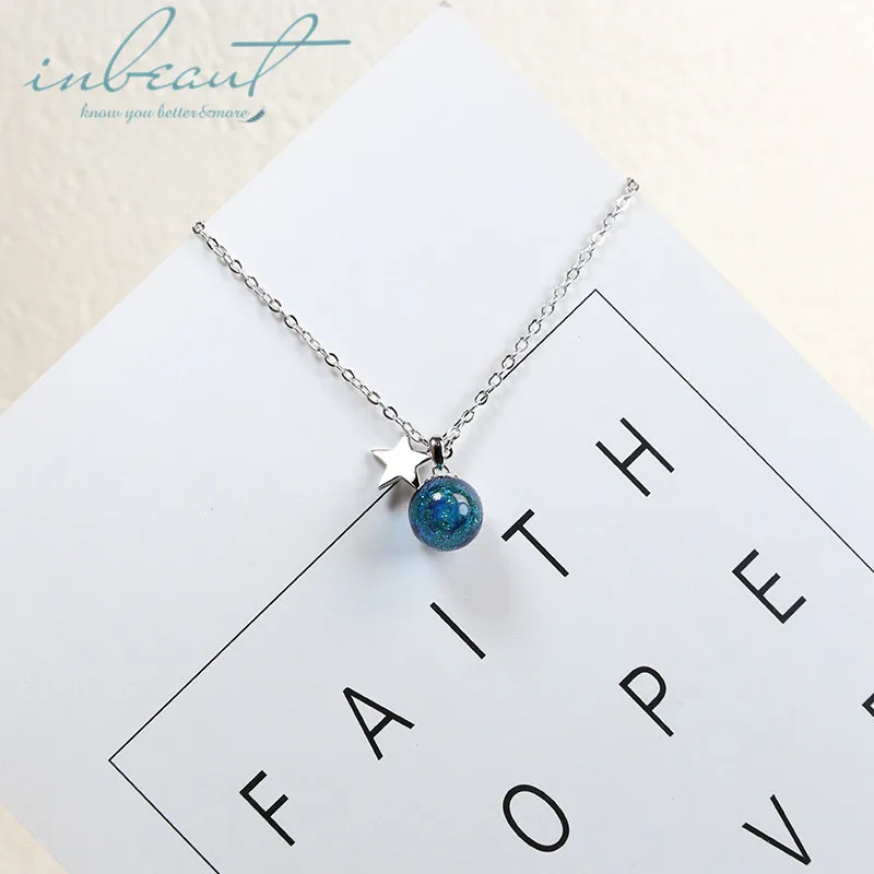 

inbeaut 925 Silver Blue Pearl Star Pendant Necklace Female Korean Round Planet Universal Stars Beads Necklace for Women Jewelry