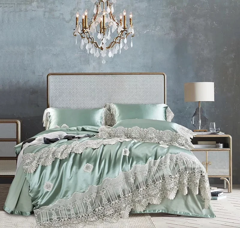 Us 146 25 33 Off Light Green Luxury French Style Silvery Lace Embroidery 100 Silk Cotton Bedding Set Duvet Cover Bed Sheet Pillowcases In Us 146 25 33 Off Light Green Luxury French Style Silvery Lace Embroidery 100 Silk Cotton Bedding Set Duvet Cover Bed Sheet Pillowcases In