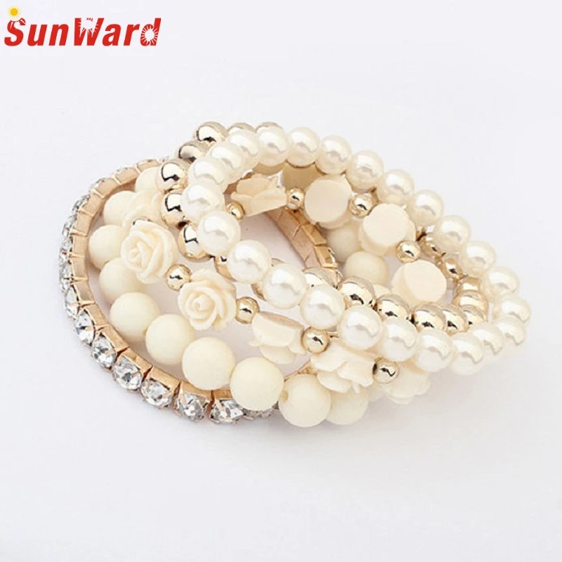 

1 Set Acrylic Rose Flower Round Pearl Shining Rhinestone Crystal Elastic Bracelet Delicate