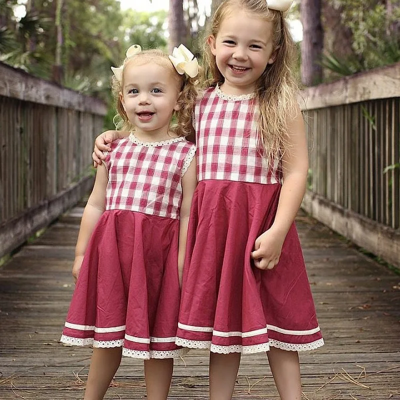 Hot style Children Summer Dress Girl's Lace Plaid Baby Pleated Red Crew Neck Toddler Princess Fairy dress DR19020 | Детская одежда