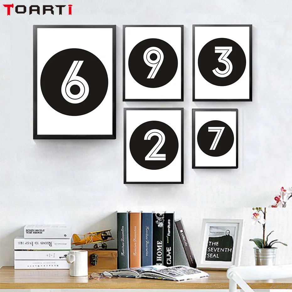 Black&White Arabic Numerals Theme Wall Art Canvas Painting Line Drawing Vintage Posters Nordic Prints Living Room Decor Pictures (2)
