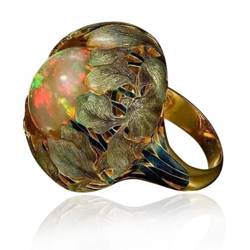 

Vintage Rhinestone Opal Flower Rings For Women Jewelry Engagement Wedding Party Rings For Female Accessory Gift