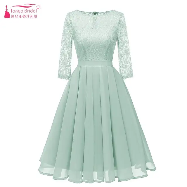 Light Green Chiffon Bridesmaid Dresses Knee Length Sleeves Lace