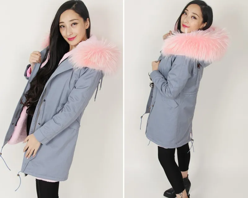 Furlove Women Winter Parkas Large Real Raccon Fur Parka Pink Faux Fur Liner Thickening Long Jacket Overcoat