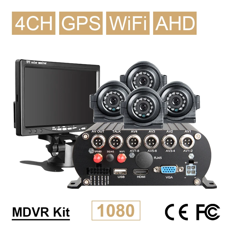  Envío Gratis 7 pulgadas pantalla 4CH disco duro Wifi GPS HDD coche móvil Dvr Kits con 4 piezas fron