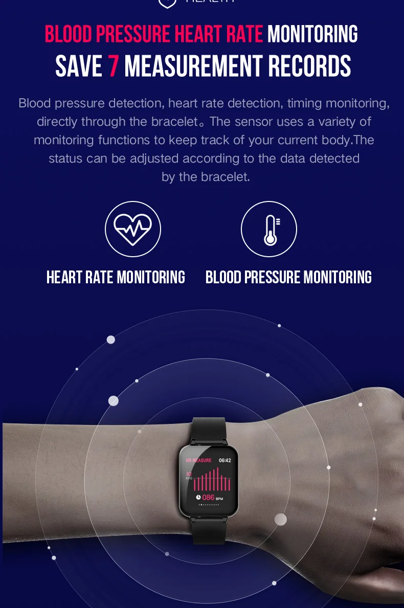 Умный Браслет B57, Смарт-часы, пульсометр, кровяное давление, уровень кислорода в крови, водонепроницаемый цветной экран, сообщение, пуш-ап