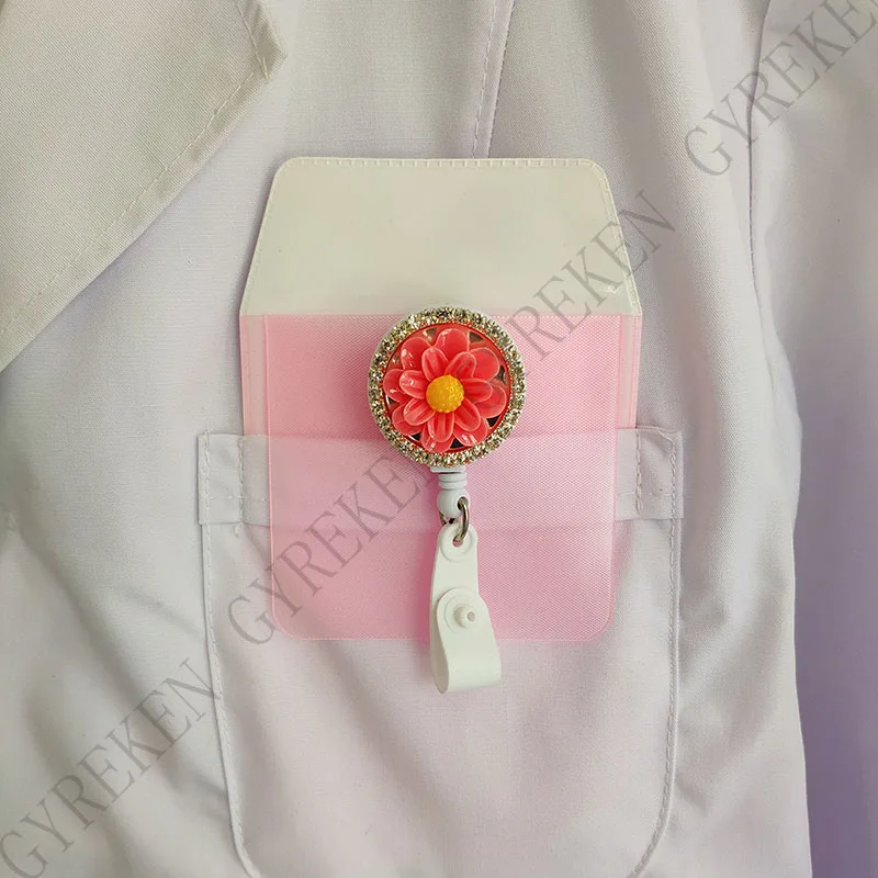 Resin Flower with Diamond Nursing Retractable Badge Holder Nurse Badge Holder Office Badge Reel Retractable for Work Badge Clip
