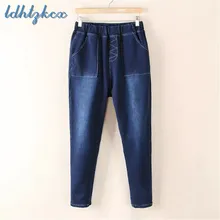 Женские джинсы черного и синего цвета размера плюс, повседневные штаны, Осень-зима, новинка, корейская мода, эластичная талия, Шикарные Длинные джинсы LD641