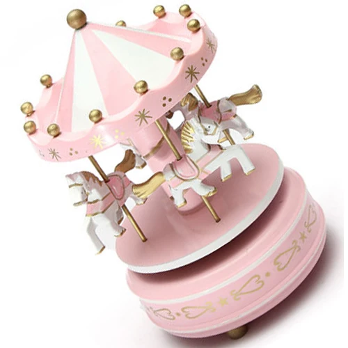 Práctica Boutique Musical Carrusel caballo de carrusel de madera caja de música de juguete de niño bebé rosa juego de regalo