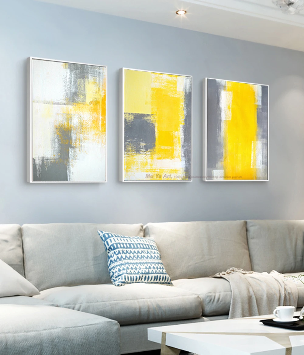 Us 49 48 16 Off Muya 3 Piece Canvas Painting Abstract Oil Painting Handmade Bright Yellow Grey Wall Art Canvas Wall Pictures For Living Room In