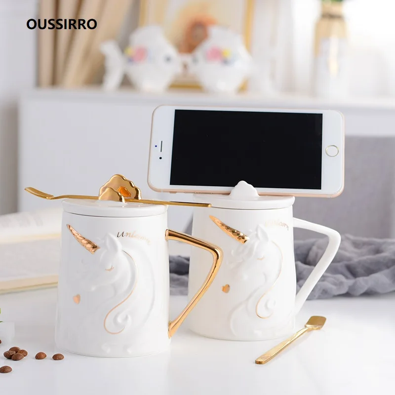 

OUSSIRRO European style Mug Simple Animal unicorn Pattern Ceramics coffee Mugs Lid and Spoon Christmas Gift for Friends
