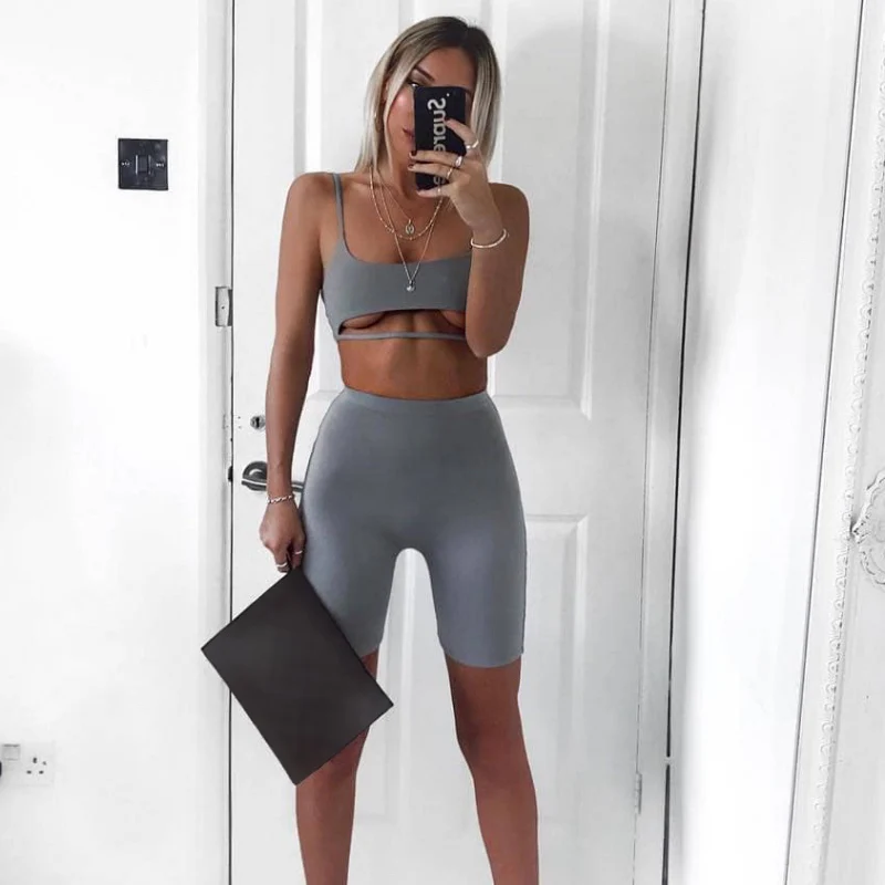 

Sexy Two Piece Set Women Spaghetti Strap Hollow Out Crop Cami+five Pants Shorts Suits Autumn 2 Piece Sweatsuit Black/gray