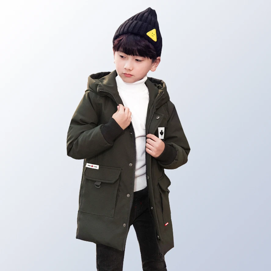 

2018 Winter Zipper Hooded Warm Coats Boy Fashion Down Jacket Boys Long Section Slim Down Jackets Children Size 6 8 10 12 16 Year