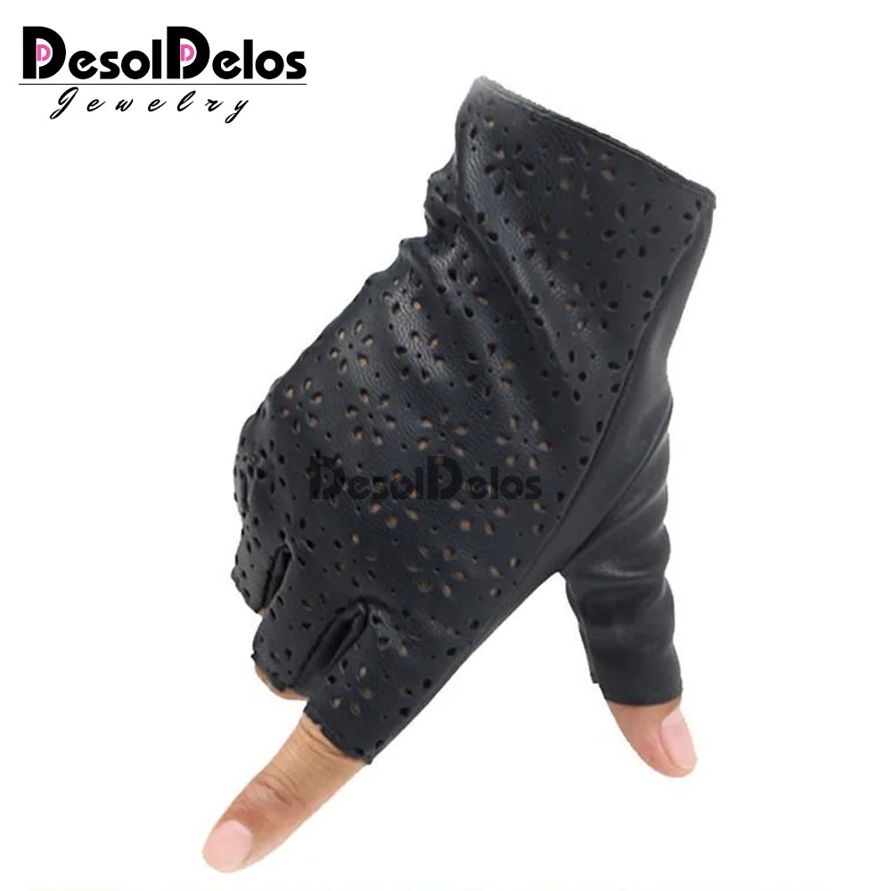 DesolDelos Ladies Fingerless Gloves Breathable Soft Leather Gloves for Dance Party Show Women Black Half Finger Mittens R006