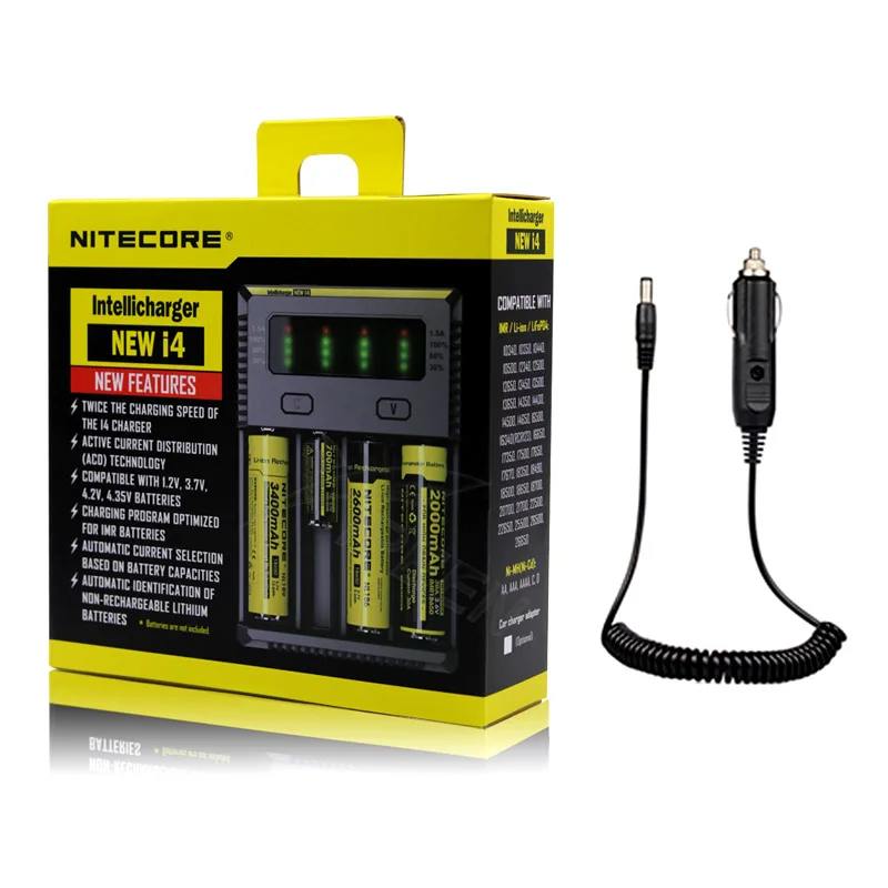 Nitecore D4 D2 I4 I2 ЖК-дисплей интеллигентая(ый) Зарядное устройство Li-Ion 18650 14500 16340 26650 AAA AA 12V Батарея Зарядное устройство автомобиля ЕС - Цвет: New I4 With Car