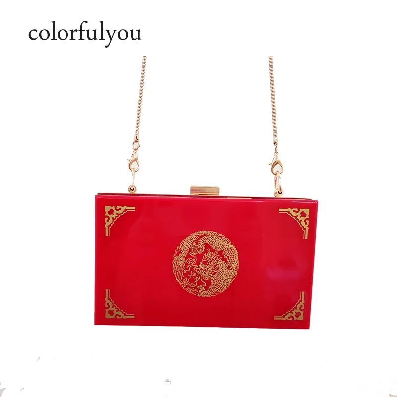 

Bronzing Chinese Dragon Pattern Shoulder Handbag Transparent Acrylic Women Evening Clutch Bags Gold Chain Wallets Retro Style