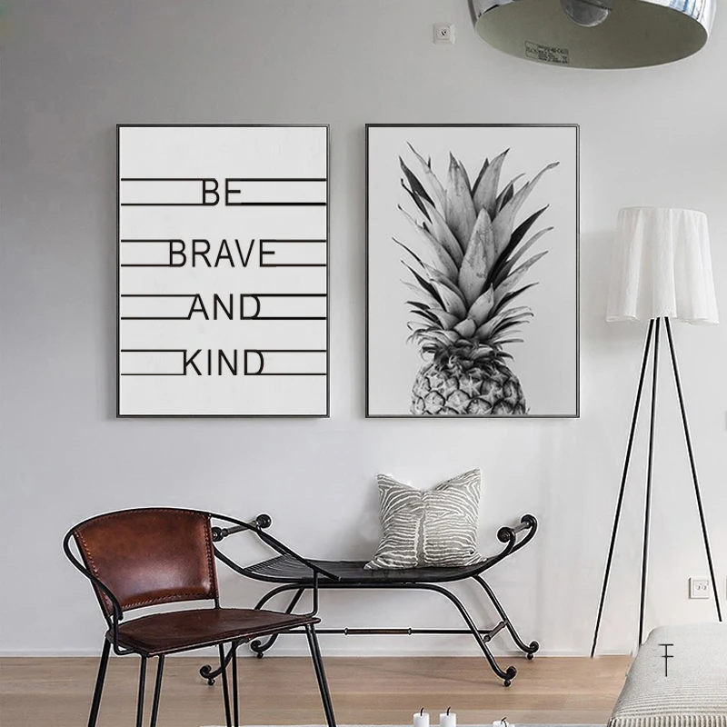 

Classic Be Brave and Kind Quotes Pineapple Canvas Painting Nordic Nursery Wall Art Picture for Kids Rooms Decoration Unframed