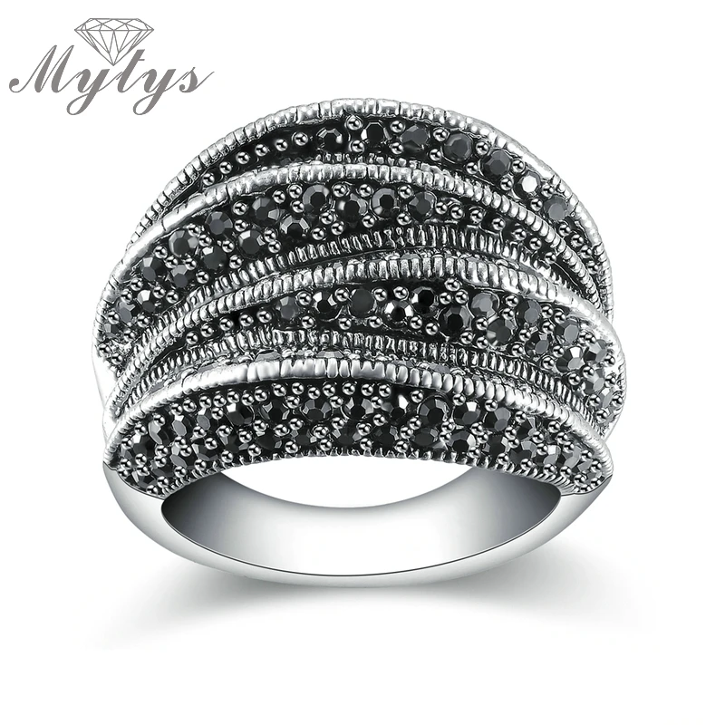 Бренд Mytys, черные кольца для женщин, проложенный набор, черный марказит, мигание, кольцо, модный дизайн, R1808