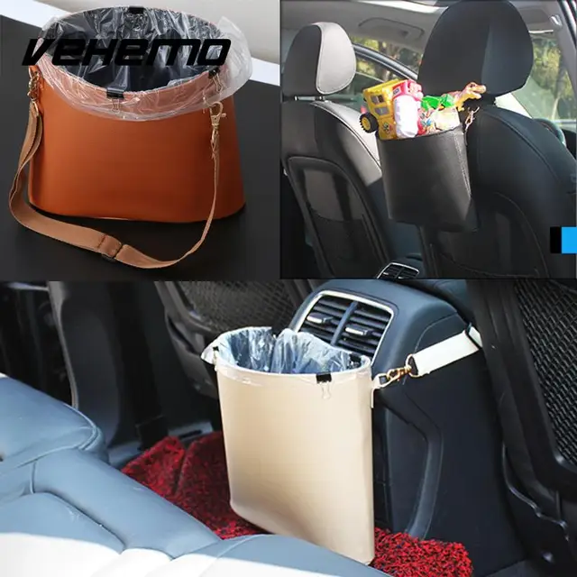 Vehemo Car Trash Bin Auto Leather Litter Bag Basket Leakproof Vehemo Car Trash Bin Auto Leather Litter Bag Basket Leakproof Garbage Holder Vehicle
