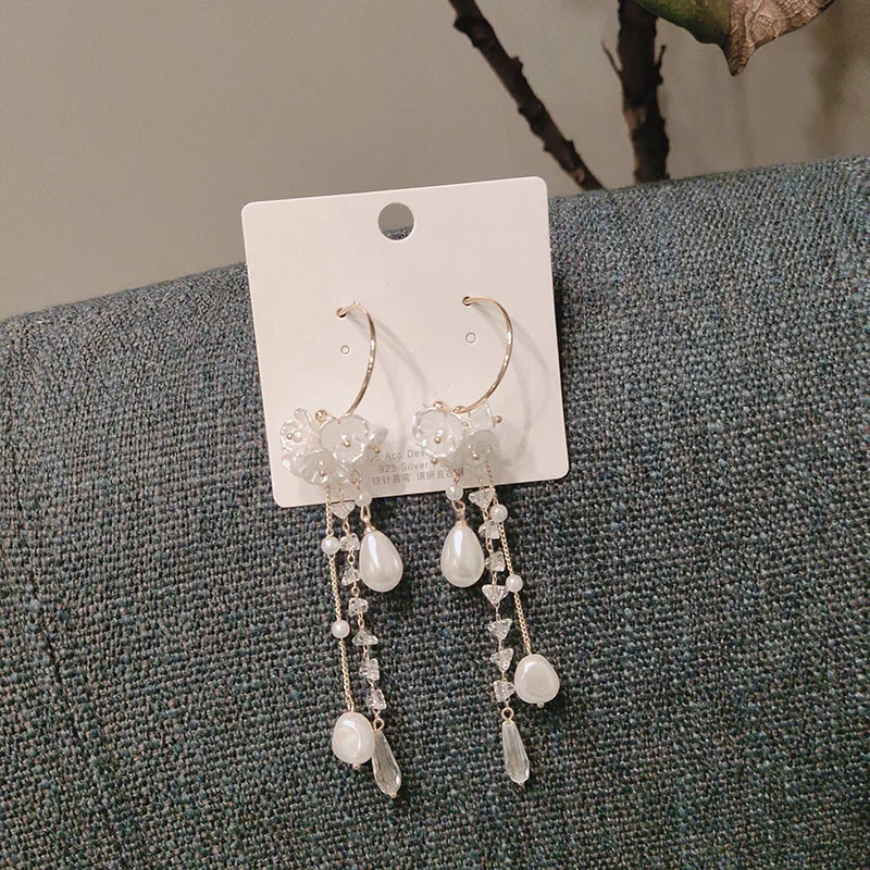 

Fashion Bohemian Pearl Flower Fringed Shell Drop Earrings Vintage Crystal Water Drop Dangle Earrings For Women Girls Gift Jewery