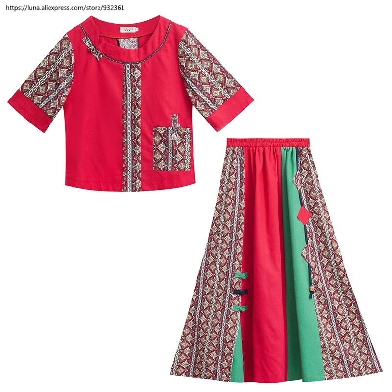 

Vintage ethnic Print Splice Two piece Sets Women Tops and Long Skirts Suits XXL Plus Size summer sets 2019