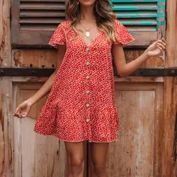 2019 Новое высокое качество женское модное богемное праздничное Летнее мини-платье с цветочным принтом с коротким рукавом с v-образным