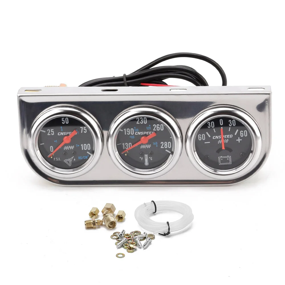 Buy CNSPEED 2" Chrome Panel Oil Pressure Water Temp Amp Meter Triple Auto Gauge