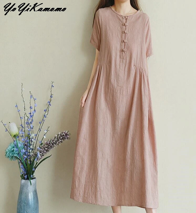 

YoYiKamomo Cotton Linen Dress Women Summer Maxi 2018 Short-sleeved Maxi Robe White Loose Brief Linen Dress Women