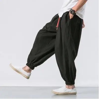 black M~ 5XL новые модные оригинальные однотонные складные Панталоны мужские мешковатые хип-хоп брюки с низкой промежностью льняные широкие брюки - Цвет: black