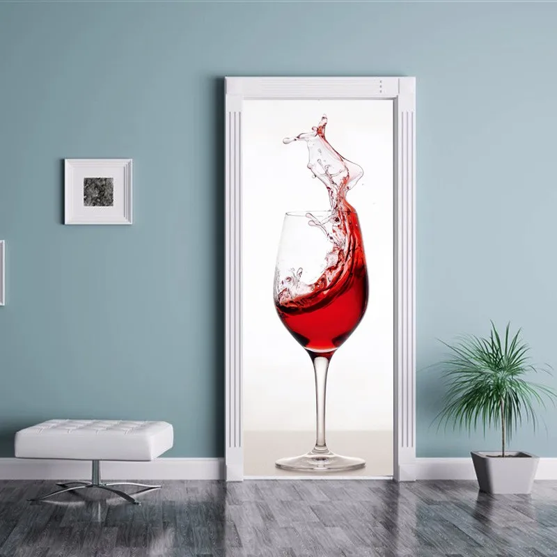 

3D Red Wine Cup Bottle Oil Painting Door Sticker Waterproof Living Room Bedroom Door Wallpaper Self Adhesive Art Wall Decals