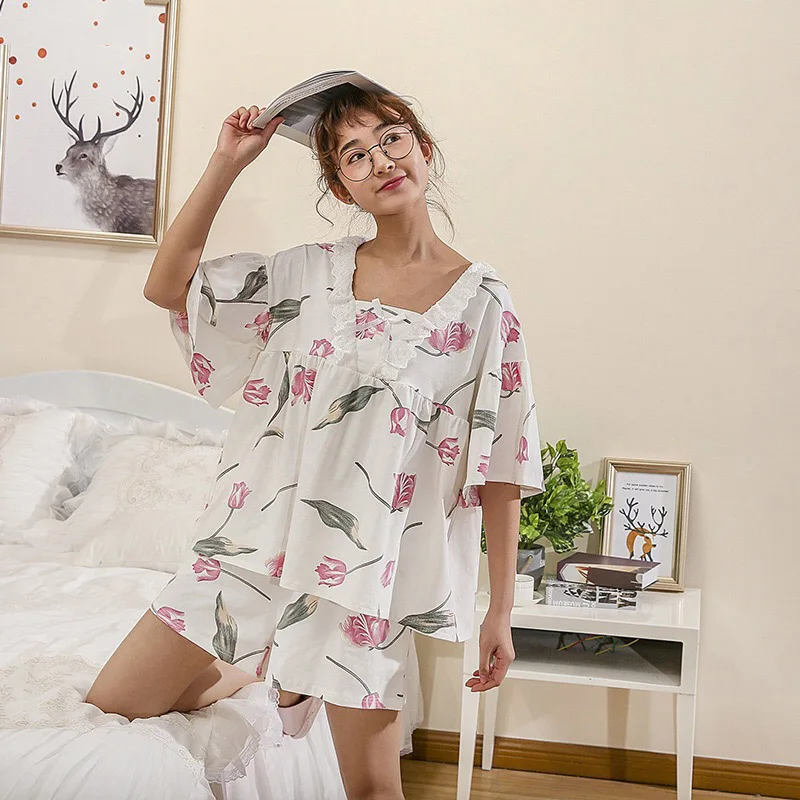 

Summer New Cute Lovely Printed Ladies Lace Pajamas Set Short Sleeve+Shorts Cotton 2 Piece Set Women Casual Loose Household Wear