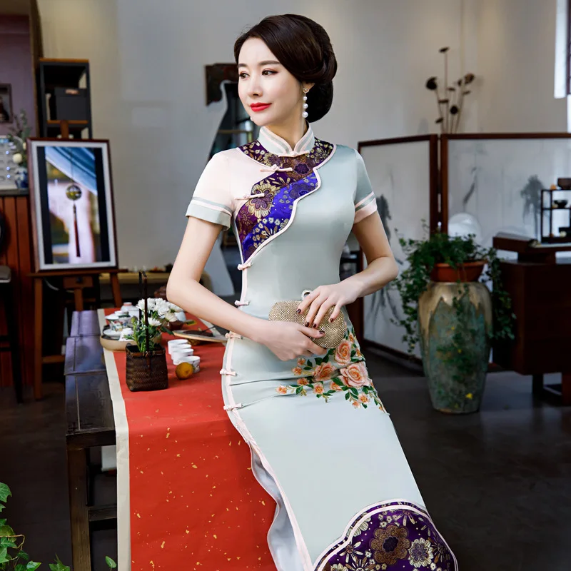 Женские летние Длинные Cheongsam Новинка китайский стиль вискоза Qipao платье тонкое вечернее платье Леди Кнопка Vestido Размер S-4XL