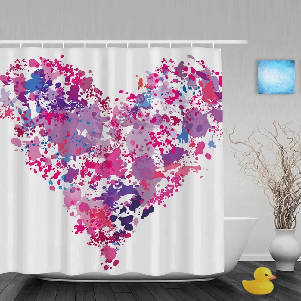 Heart Shape Paint Wedding Shower Curtain Spatter Effect Bathroom