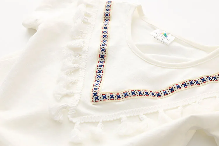 Girls Clothes 2018 Summer 100% Cotton White Pink Solid Color V Tassels Patchwork Short Sleeve O-Neck T Shirt Girls (10)