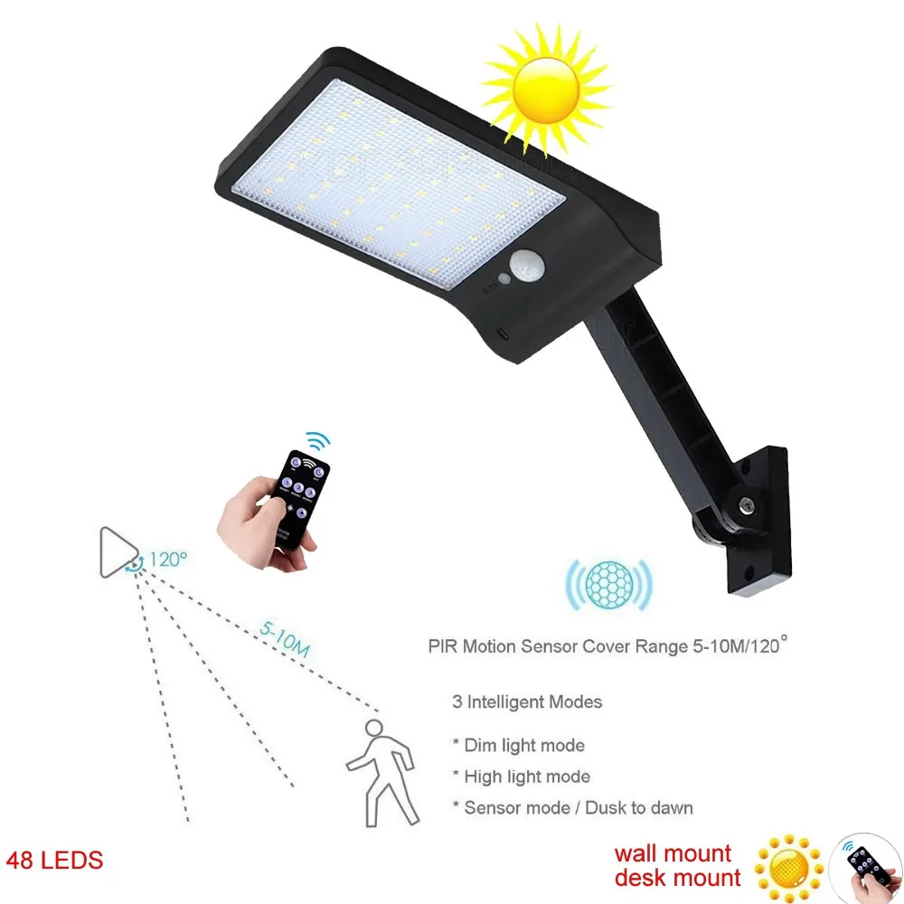 

gear lock remote control rotate bracket solar street light 48 LED Solar Light Three Modes Black White Waterproof Outdoor G spot