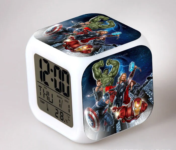 

Marvel Avengers Infinity War Figures Alarm Clock Iron Man Captain America Thanos Hulk Spiderman Figure Digital Lighting Toys