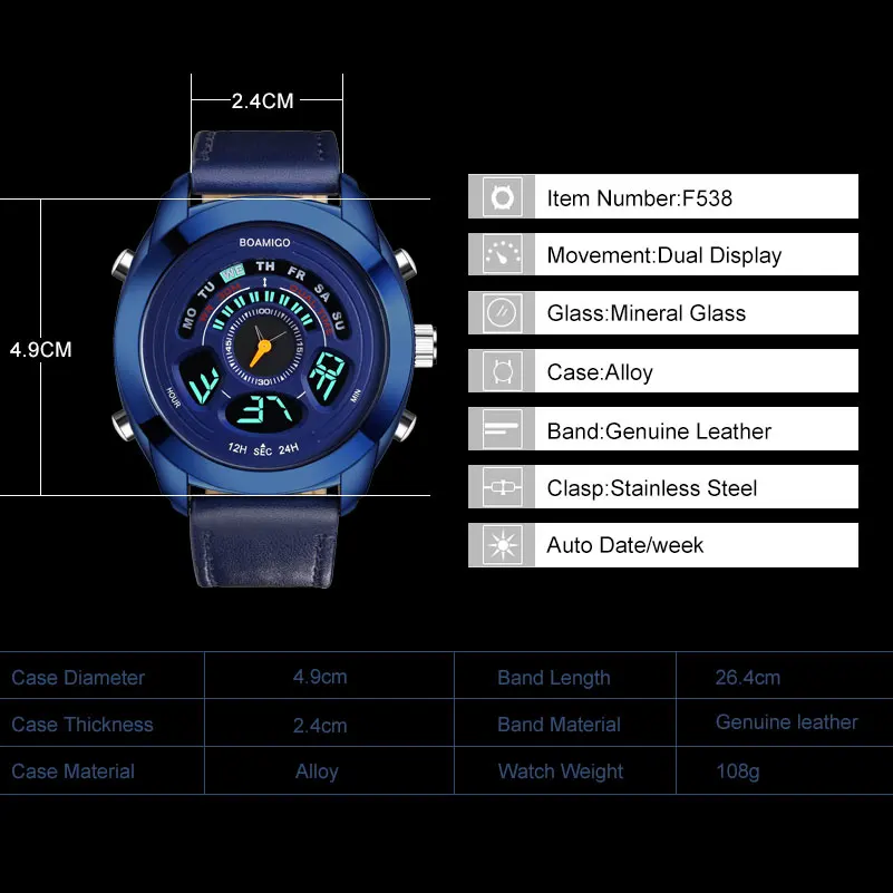 BOAMIGO, Брендовые мужские спортивные часы, мужские, синий, кожаный, светодиодный, Цифровые кварцевые наручные часы, 30 м, водонепроницаемые, подарок, часы, Reloj Hombre