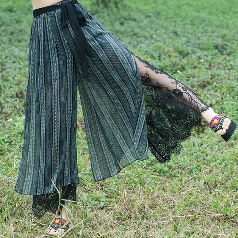 

Clobee Women Wide Leg Pants pantalones mujer Silk Pants Boho Full length Pants Women Vintage Harem Pants Stripped Print Trousers