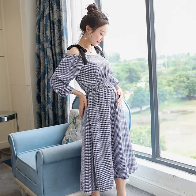2018 New Maternity Dress Korean Summer Lattice Cotton Linen Maternity