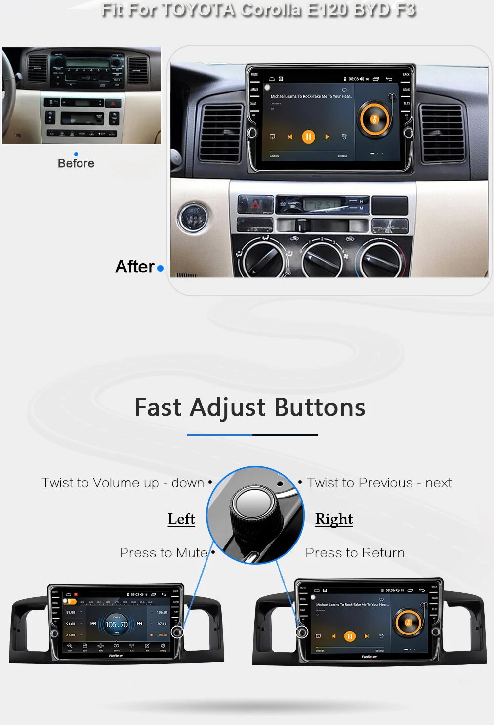 Excellent Funrover android 9.0 2 din car radio gps navigation car dvd multimedia player For TOYOTA Corolla E120 BYD F3 DSP split screen FM 11