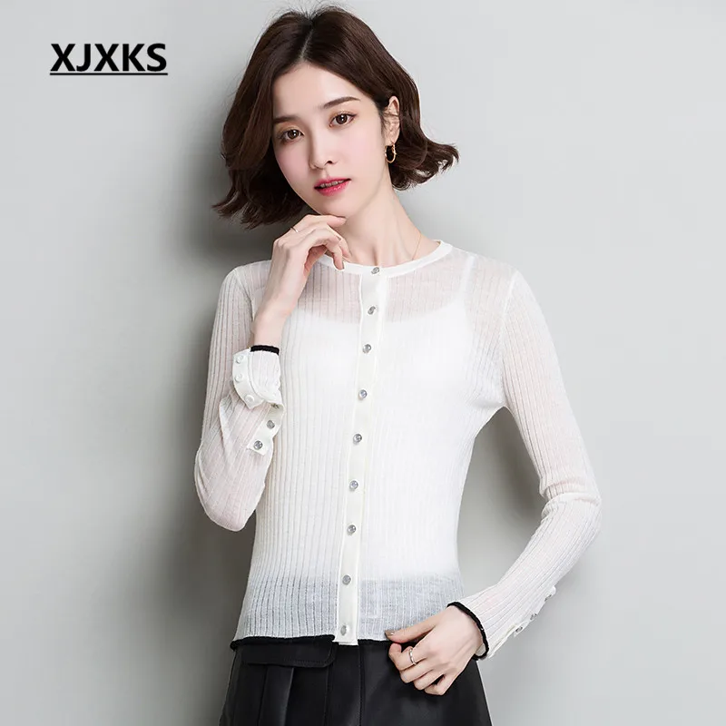 

XJXKS 2019 spring summer new fashion round neck single-breasted women's cardigan wool knitting thin sweater cardigan women