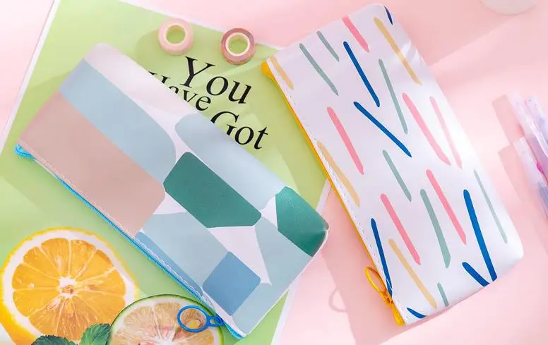 1 Pcs Simple Geometric PU Canvas Pencil Case Large Capacity Student Study Cosmetic Pencil Bags Gift Stationery Storage Organizer