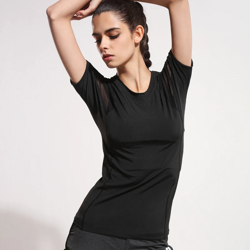 Женская Черная Спортивная футболка с коротким рукавом и сеткой для йоги, эластичные женские футболки для спортзала, фитнеса, бега, черные футболки, быстросохнущие футболки
