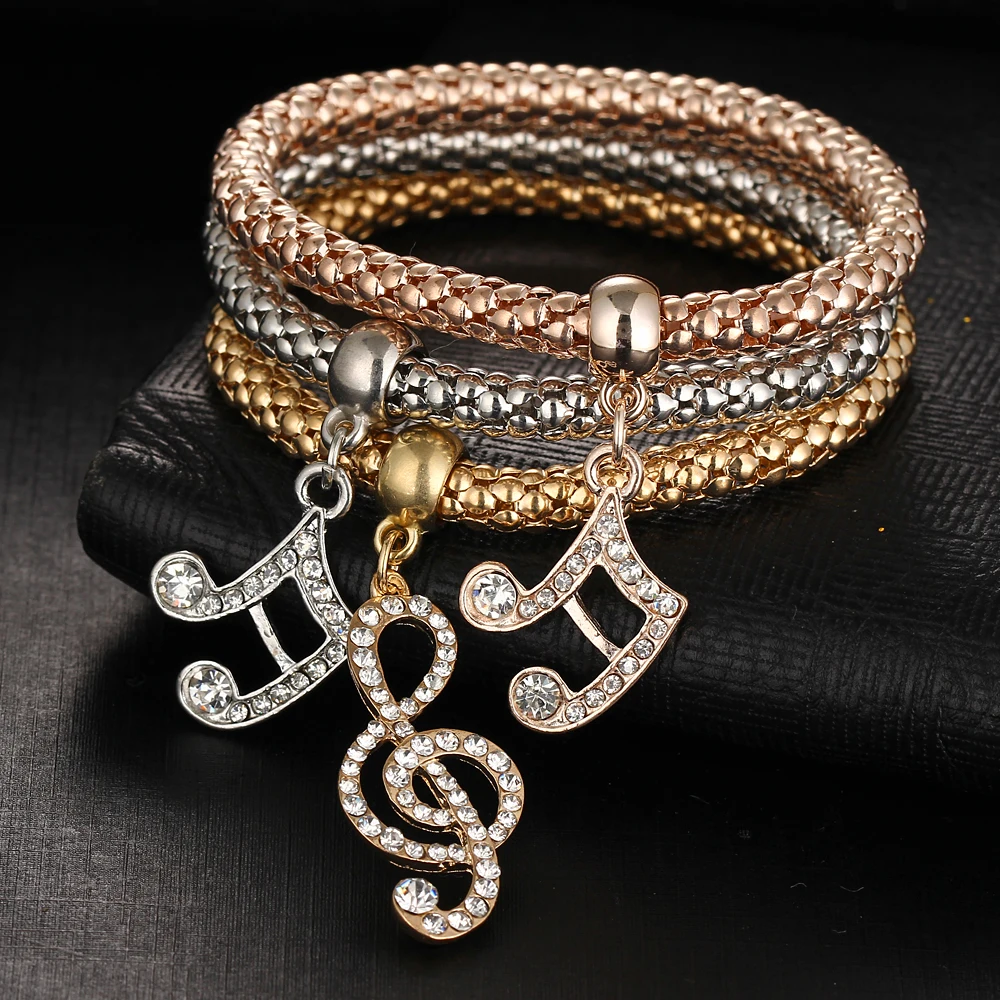 

3pcs/sets Women Alloy Bracelets Colors Bracelets Set Elastic Popcorn Chain Crystal Butterfly Pendant Bracelet Accessories 61A18