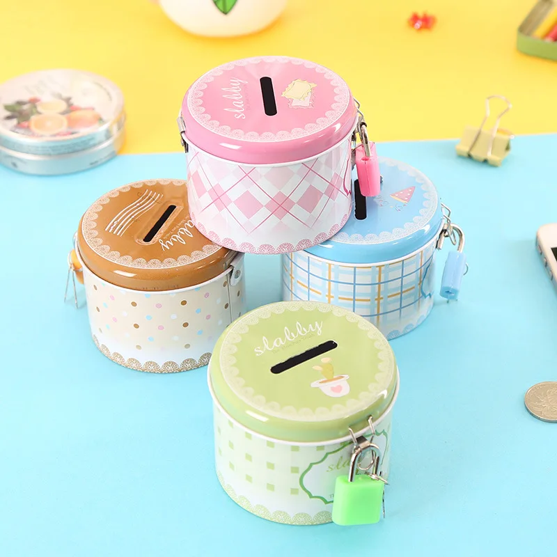 

Cute round piggy bank cartoon creative Korean tinplate stationery storage cassette with lock kindergarten holiday gifts prizes