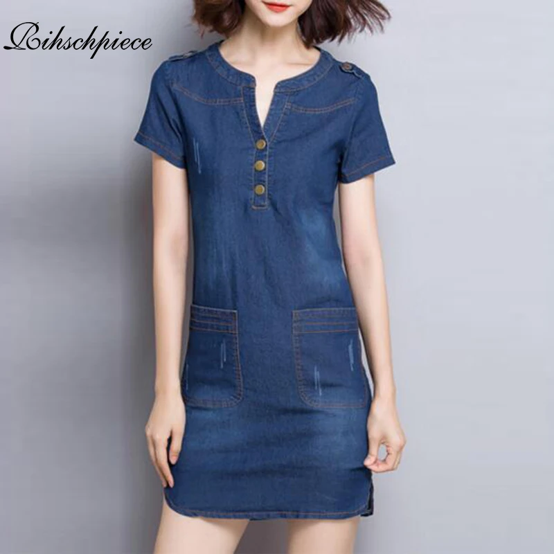 Rihschpiece 2018 Summer Denim Dress Women Vintage Party Sexy Jeans Dresses Short Sleeve Pocket Casual Dress RZF1255